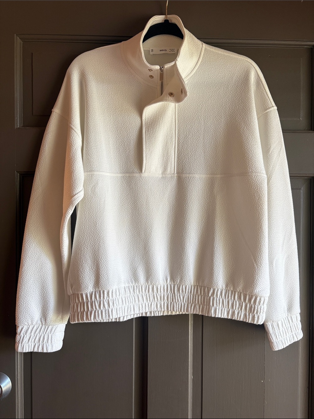 Mango White Snap Zip -Front Funnel Neck Lightweight Sweatshirt. Size Medium